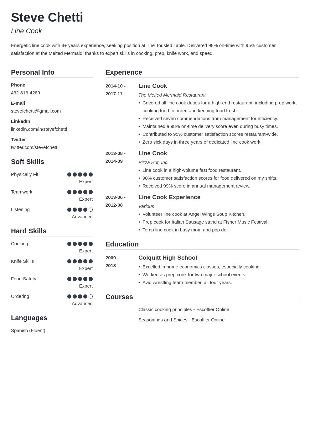 Line Cook Resume Sample  Job Description and Skills