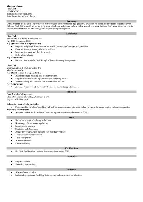 Line cook resume example
