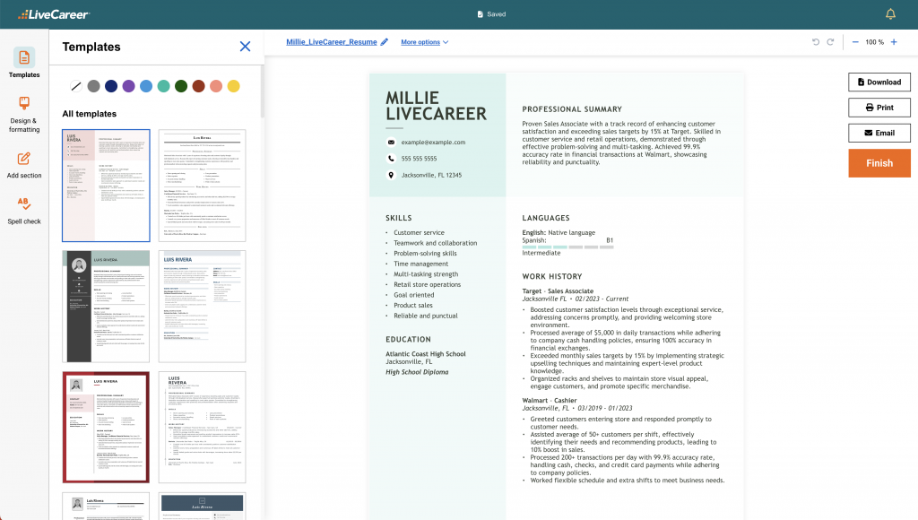 Screenshot of LiveCareer's resume builder