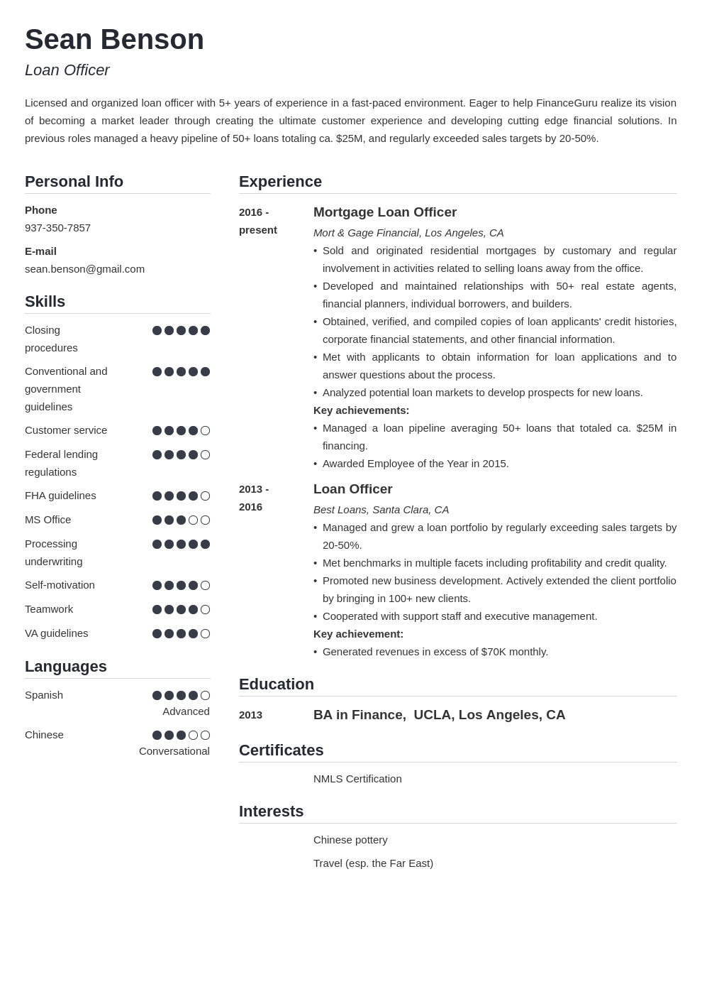 loan officer resume example template simple