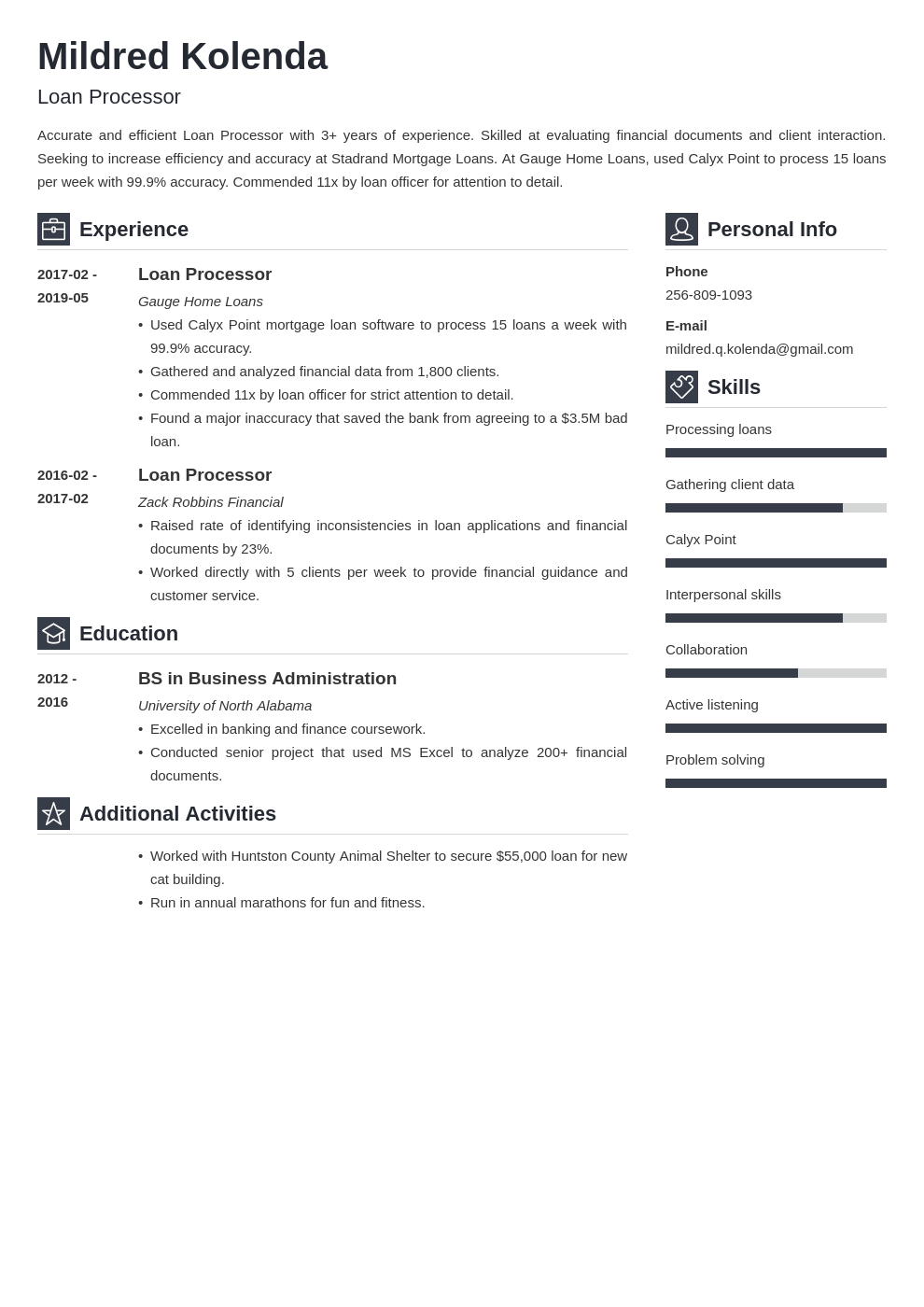 loan processor resume example template vibes