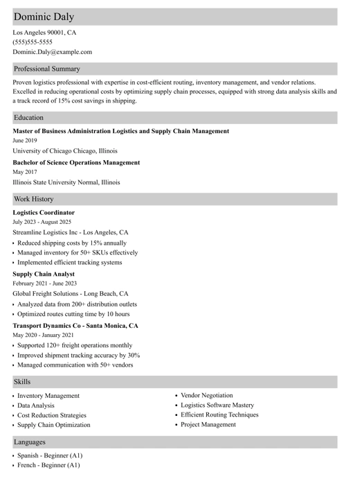 Logistics coordinator resume example
