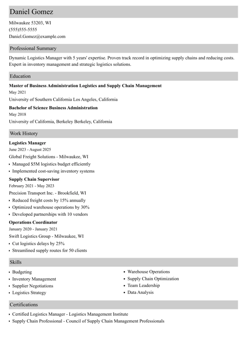 logistics manager resume example