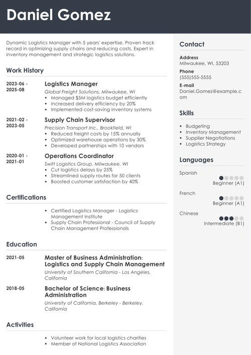 logistics manager resume example