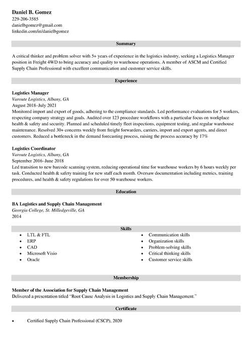 logistics manager resume example
