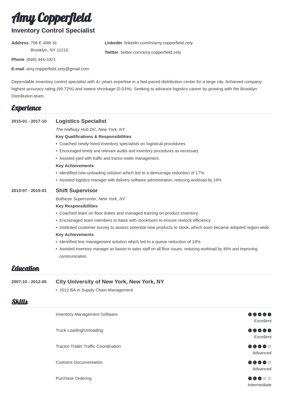 Logistic Resume Sample