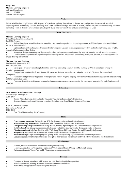 machine learning engineer CV by Zety UK CV templates
