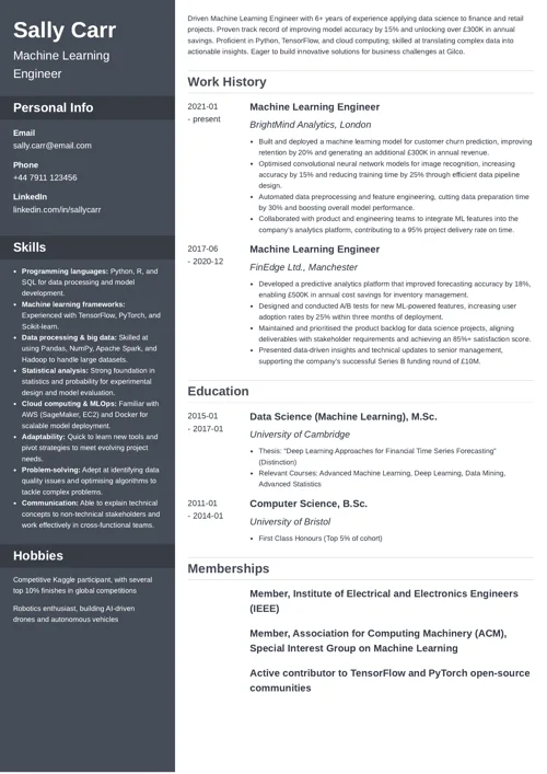 machine learning engineer CV by Zety UK CV templates