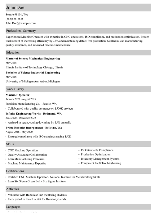 Machine Operator Resume Sample