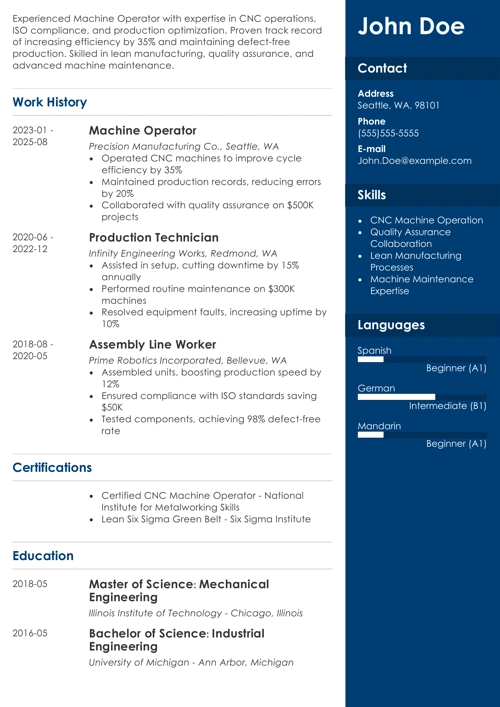 Machine Operator Resume Sample