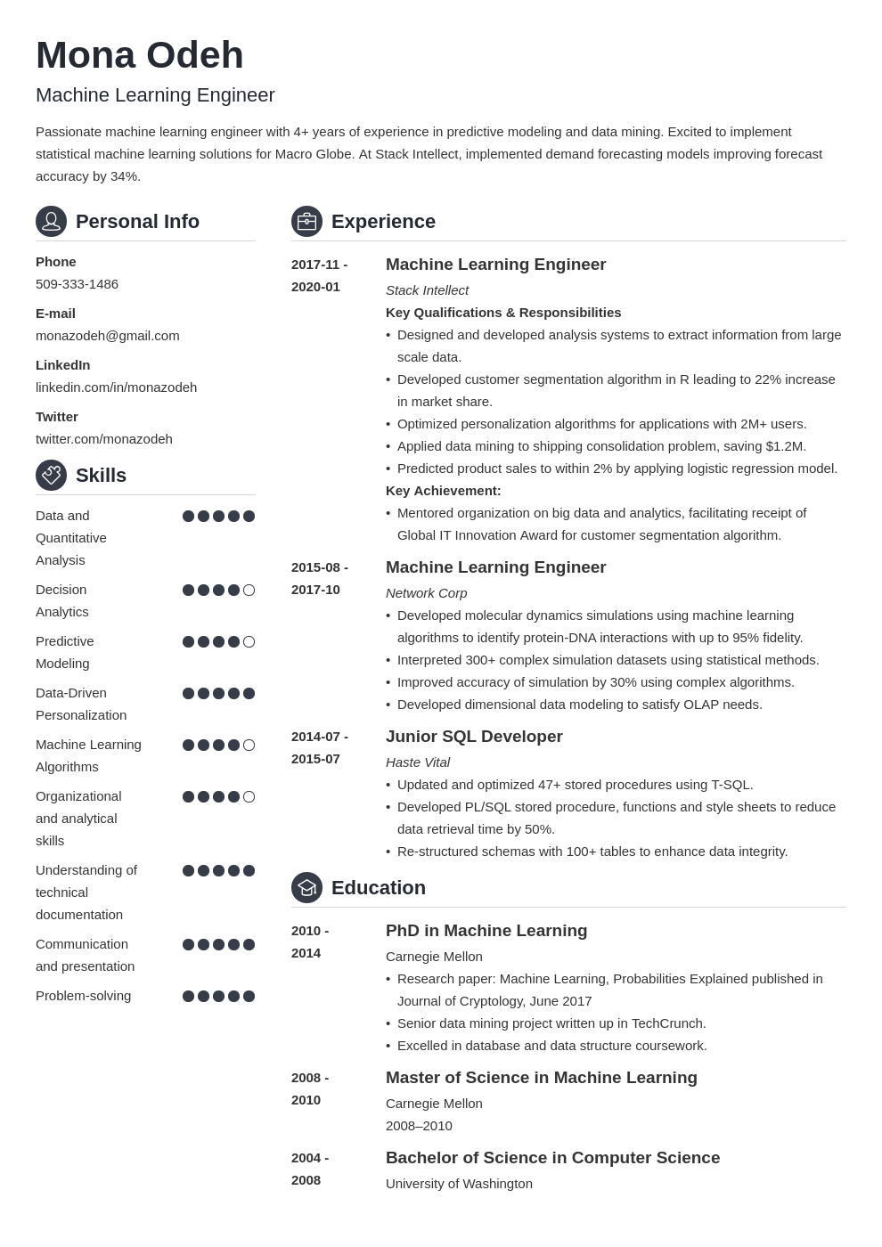 machine learning resume example template crisp