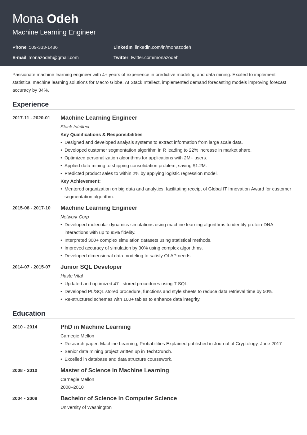 machine learning resume example template influx