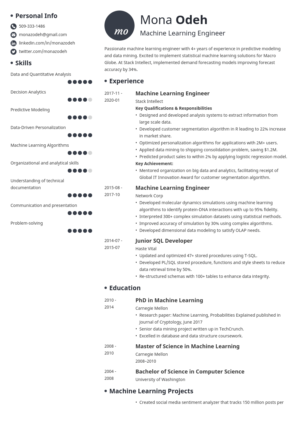 machine learning resume example template initials