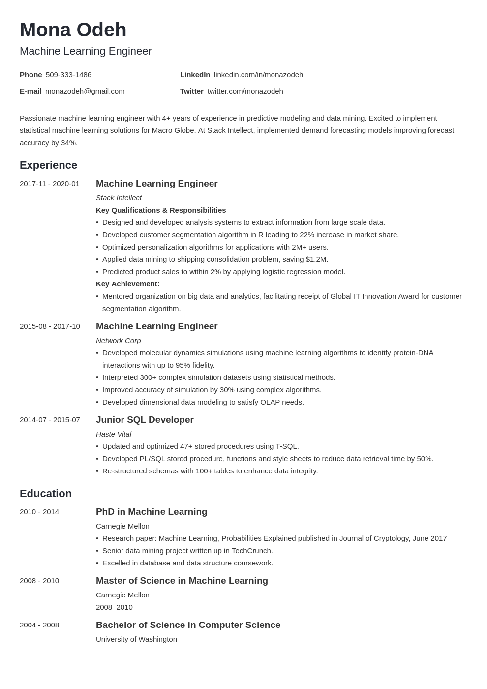 machine learning resume example template minimo