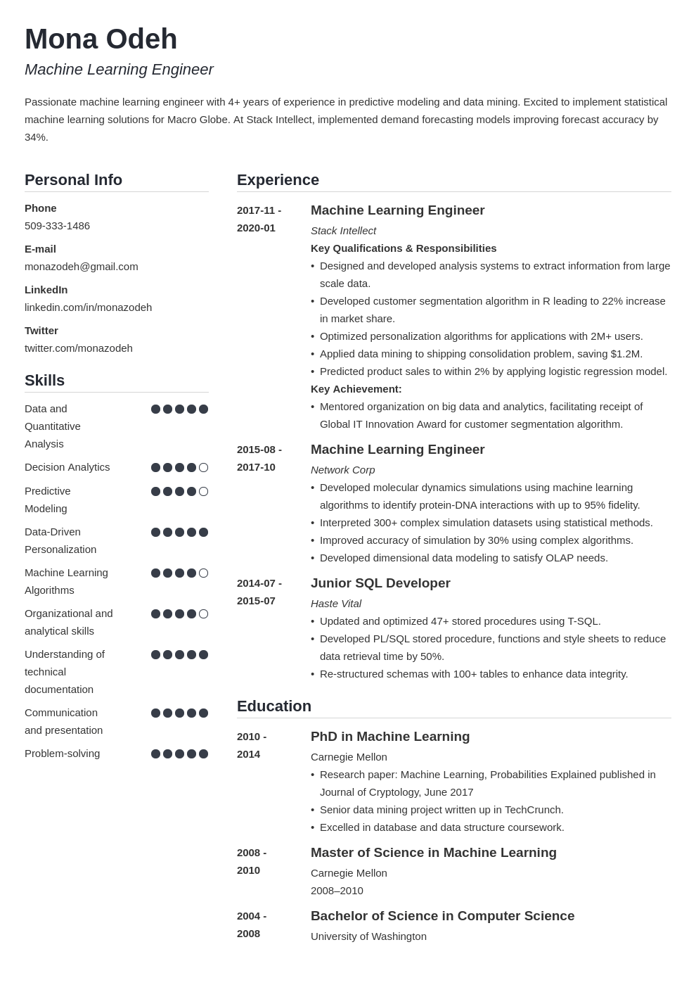 machine learning resume example template simple