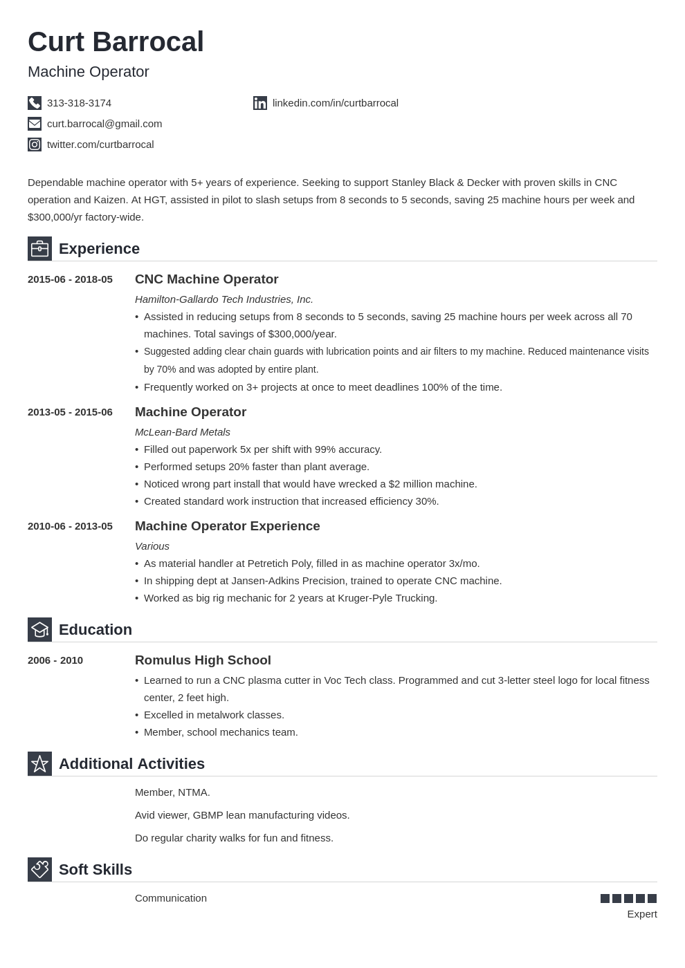 machine operator resume example template iconic