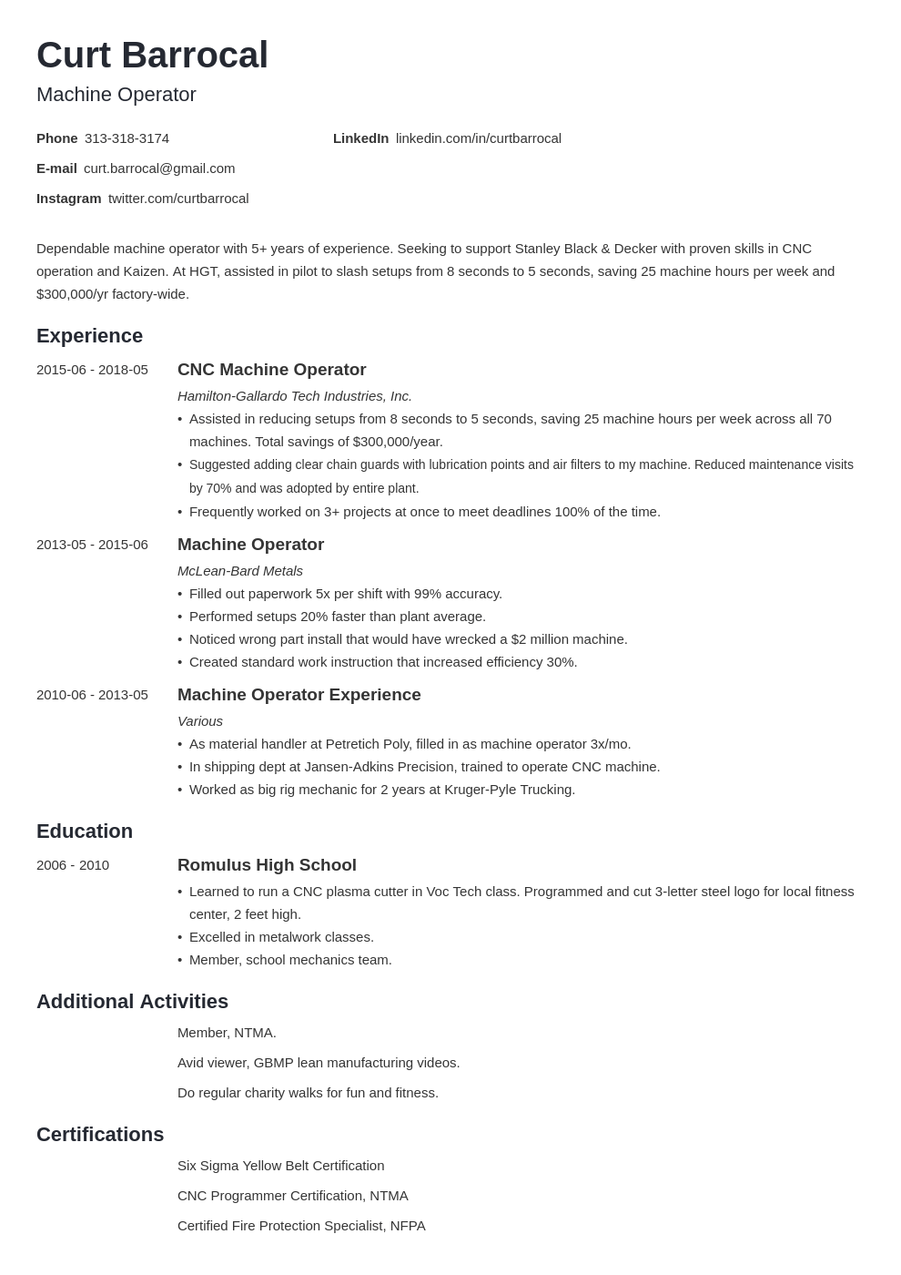 machine operator resume example template minimo