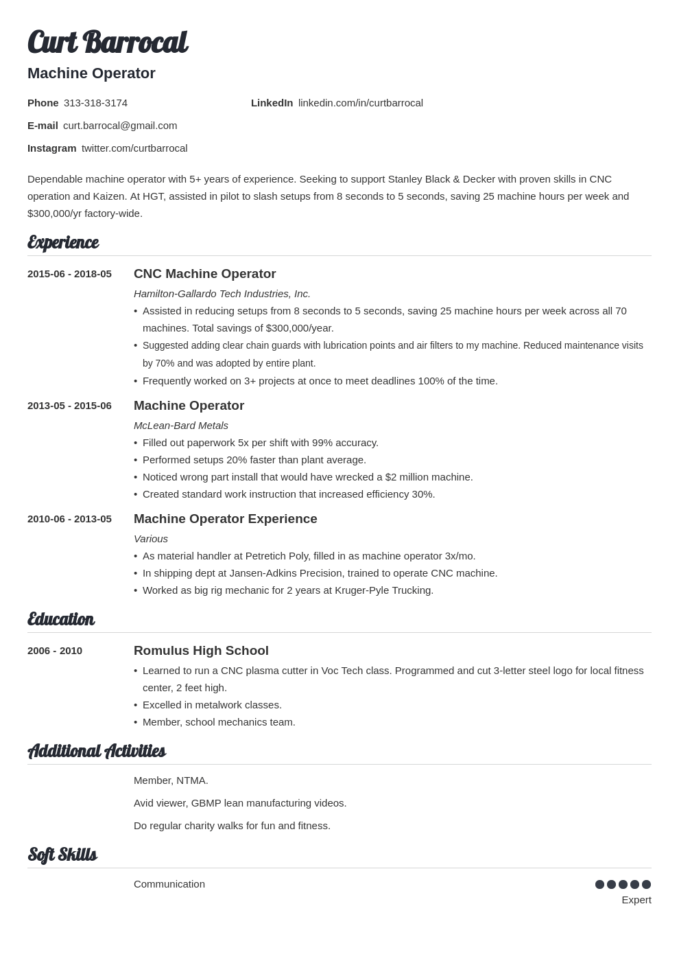 machine operator resume example template valera