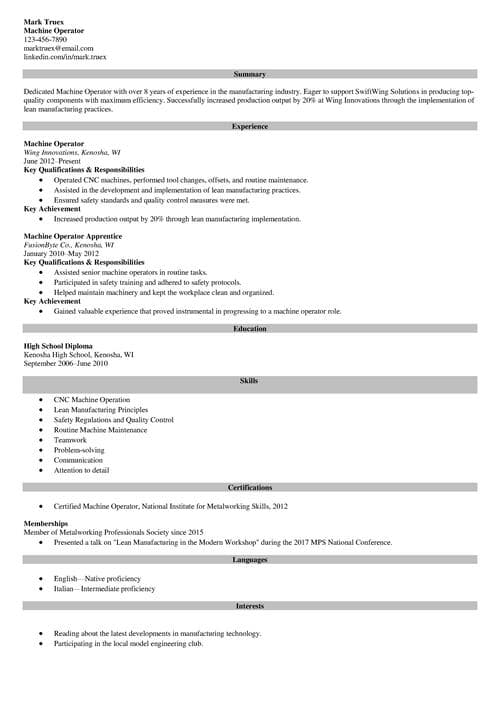 Machine operator resume example