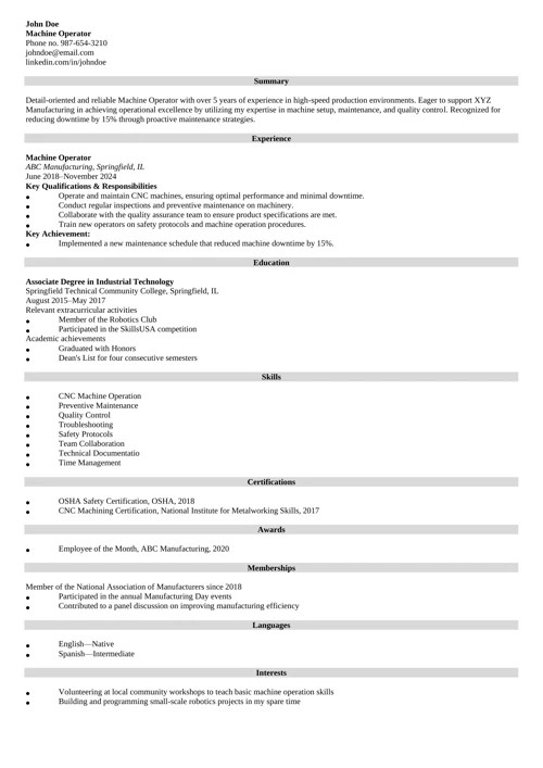 Machine Operator Resume Sample