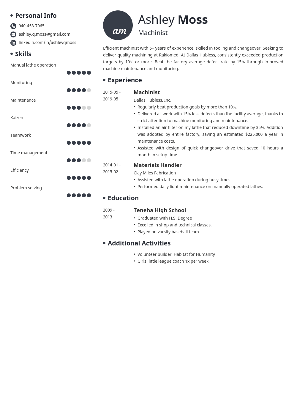 machinist resume example template initials