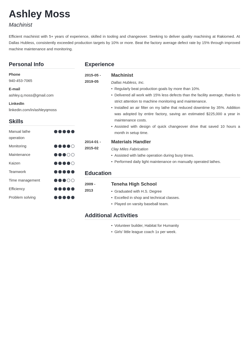 machinist resume example template simple