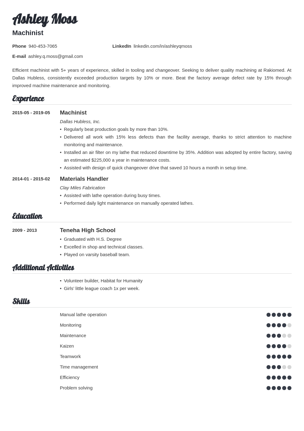 machinist resume example template valera