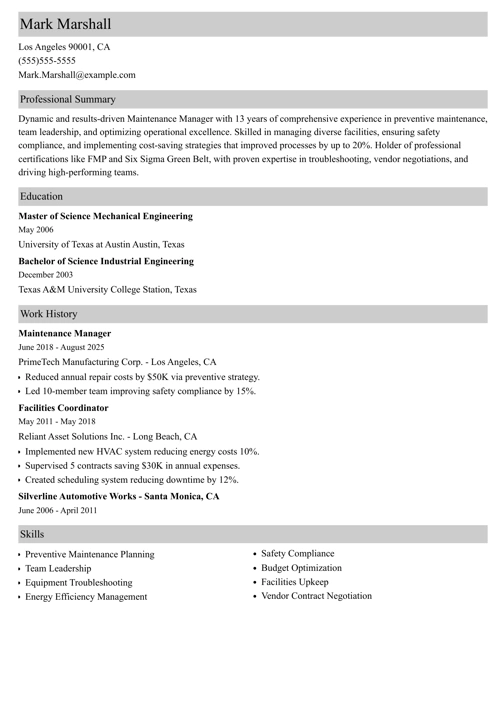 maintenance manager resume example