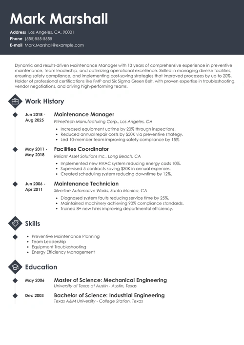 maintenance manager resume example