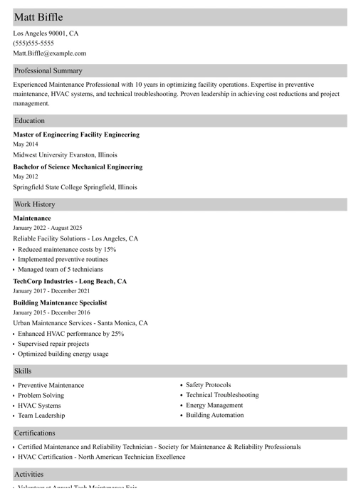 Maintenance resume example