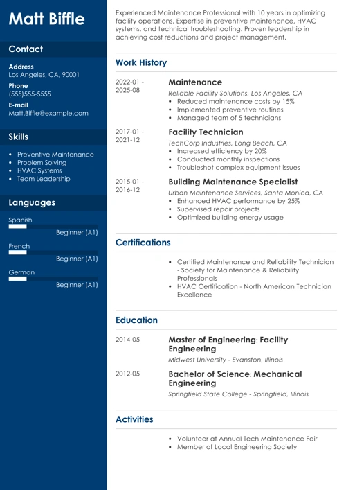 Maintenance resume example