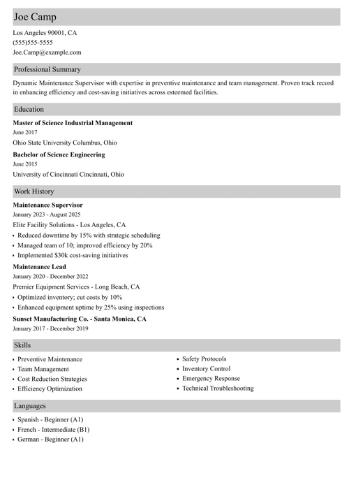 Maintenance Supervisor Resume Example