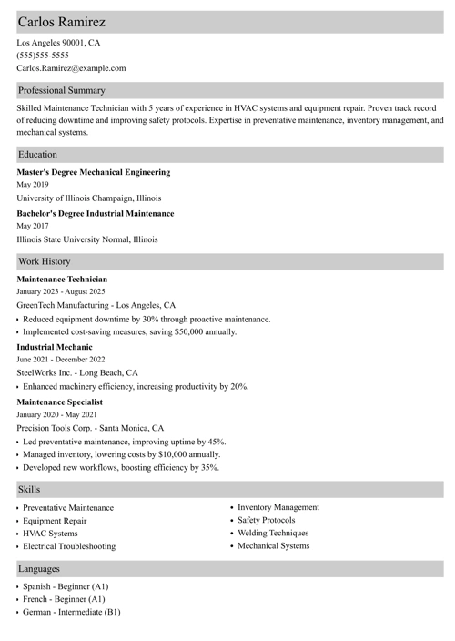Maintenance Technician Resume Sample