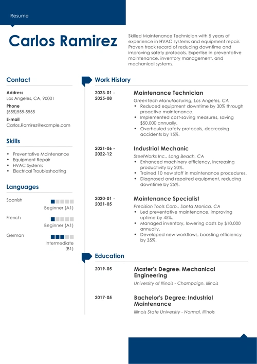 Maintenance Technician Resume Sample