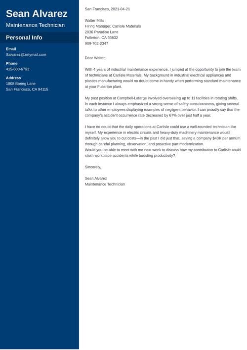 maintenance cover letter example