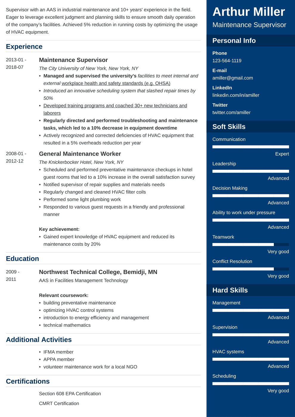 Maintenance Resume Examples for a Worker & Supervisor