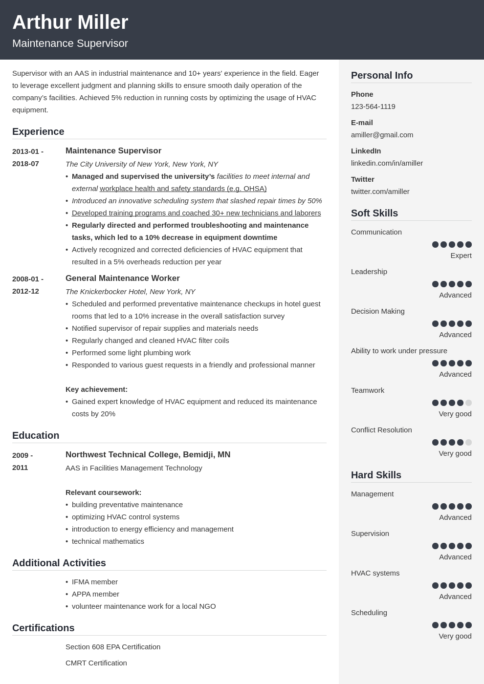 maintenance resume example template cubic