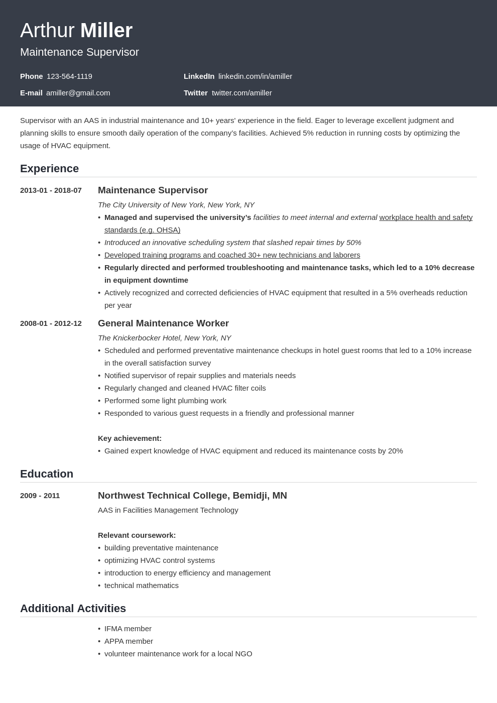 maintenance resume example template influx