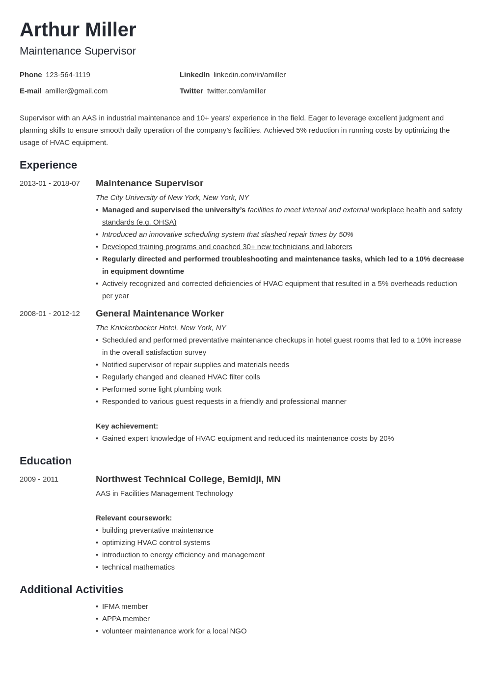 maintenance resume example template minimo