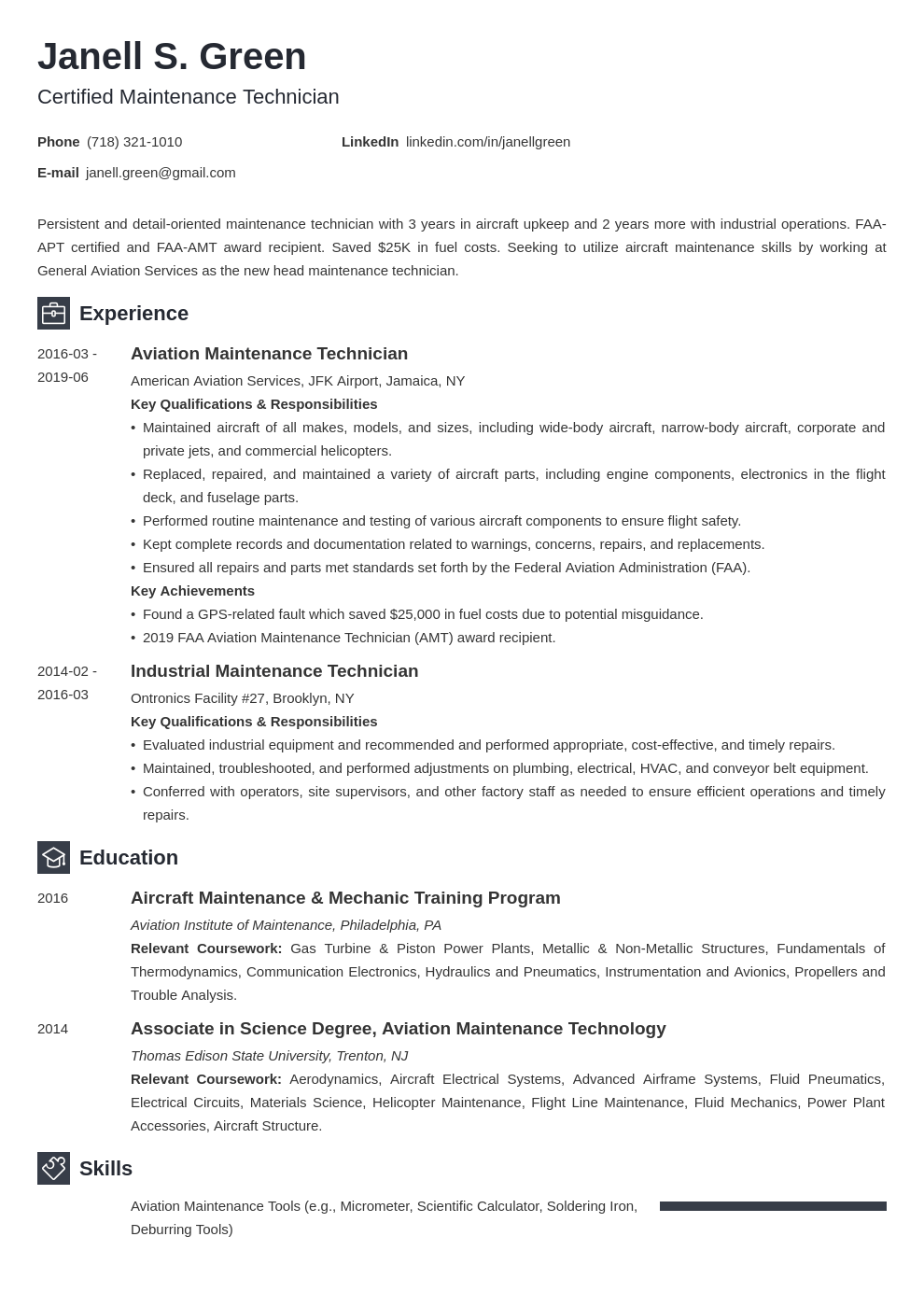 resume objective example for technician