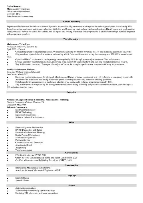 Maintenance Technician Resume Sample