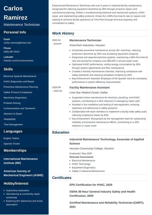 Maintenance Technician Resume Sample