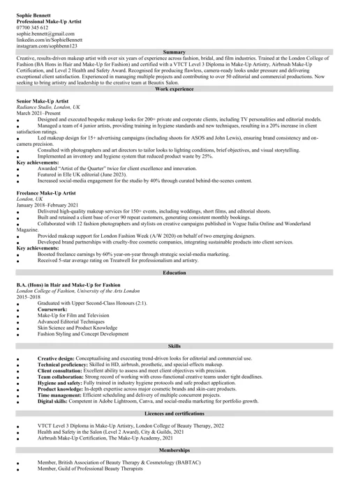 makeup artist CV example by Zety UK CV templates