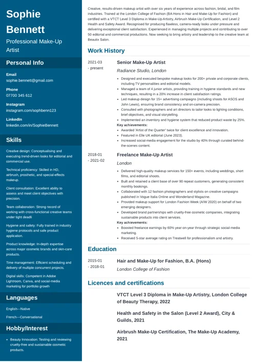 makeup artist CV example by Zety UK CV templates