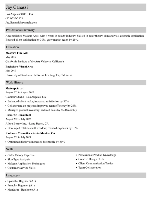 Makeup artist resume example