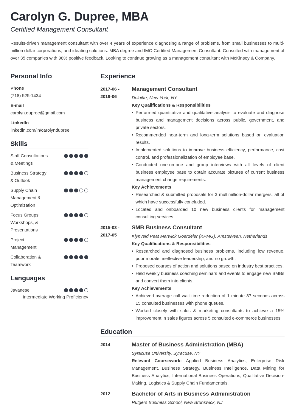 management consultant resume example template simple