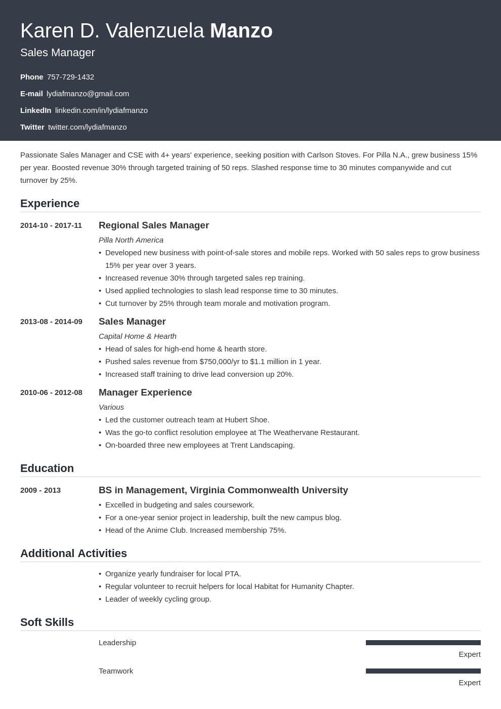 manager resume example template influx