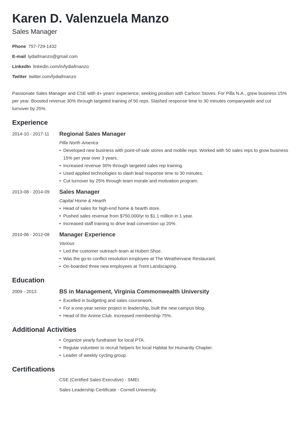 resume skills examples for management