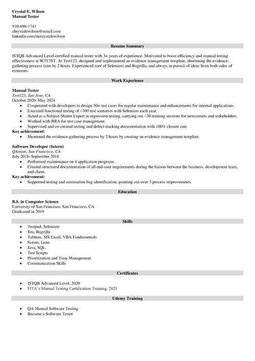 Manual Tester Resume Example