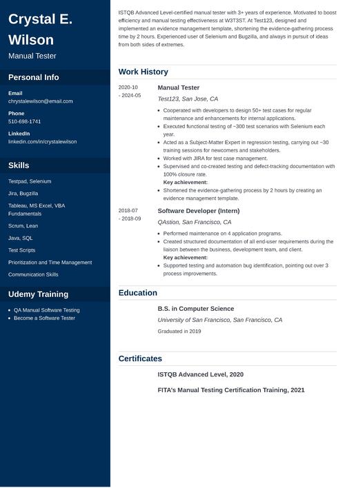 Manual Tester Resume Example